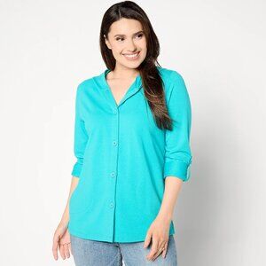 Denim & Co. French Terry Roll Tab Sleeve Hooded Jacket - Aqua (Sz L) a643843